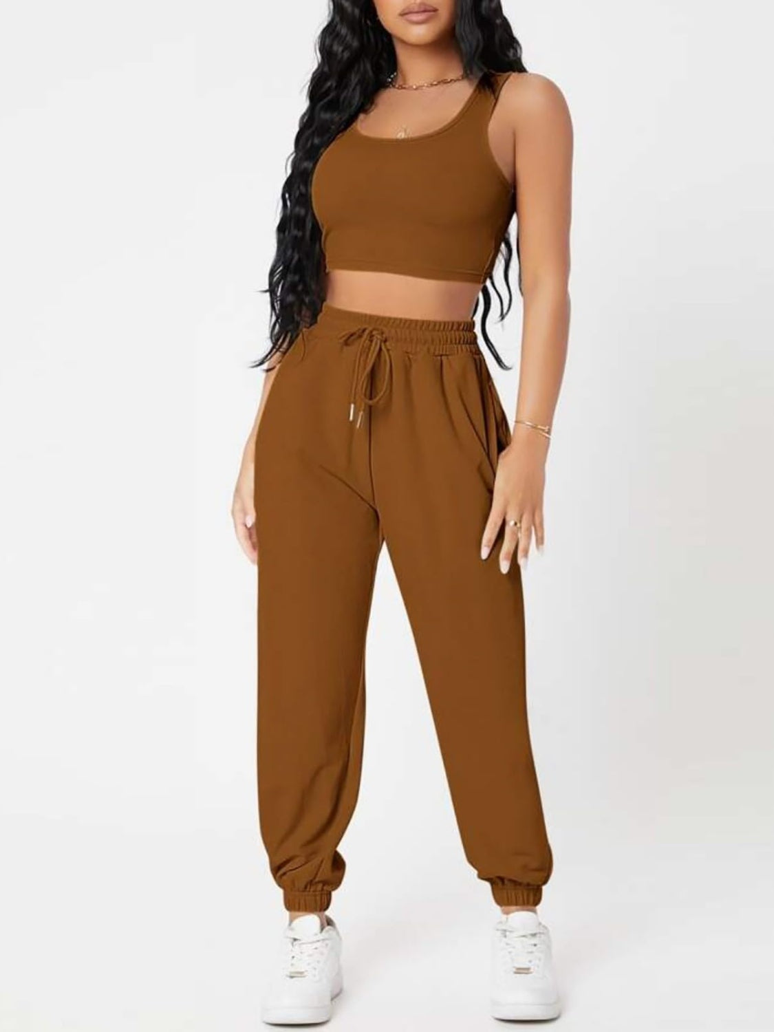 Wide Strap Top and Drawstring Joggers Set -  Pressitngo