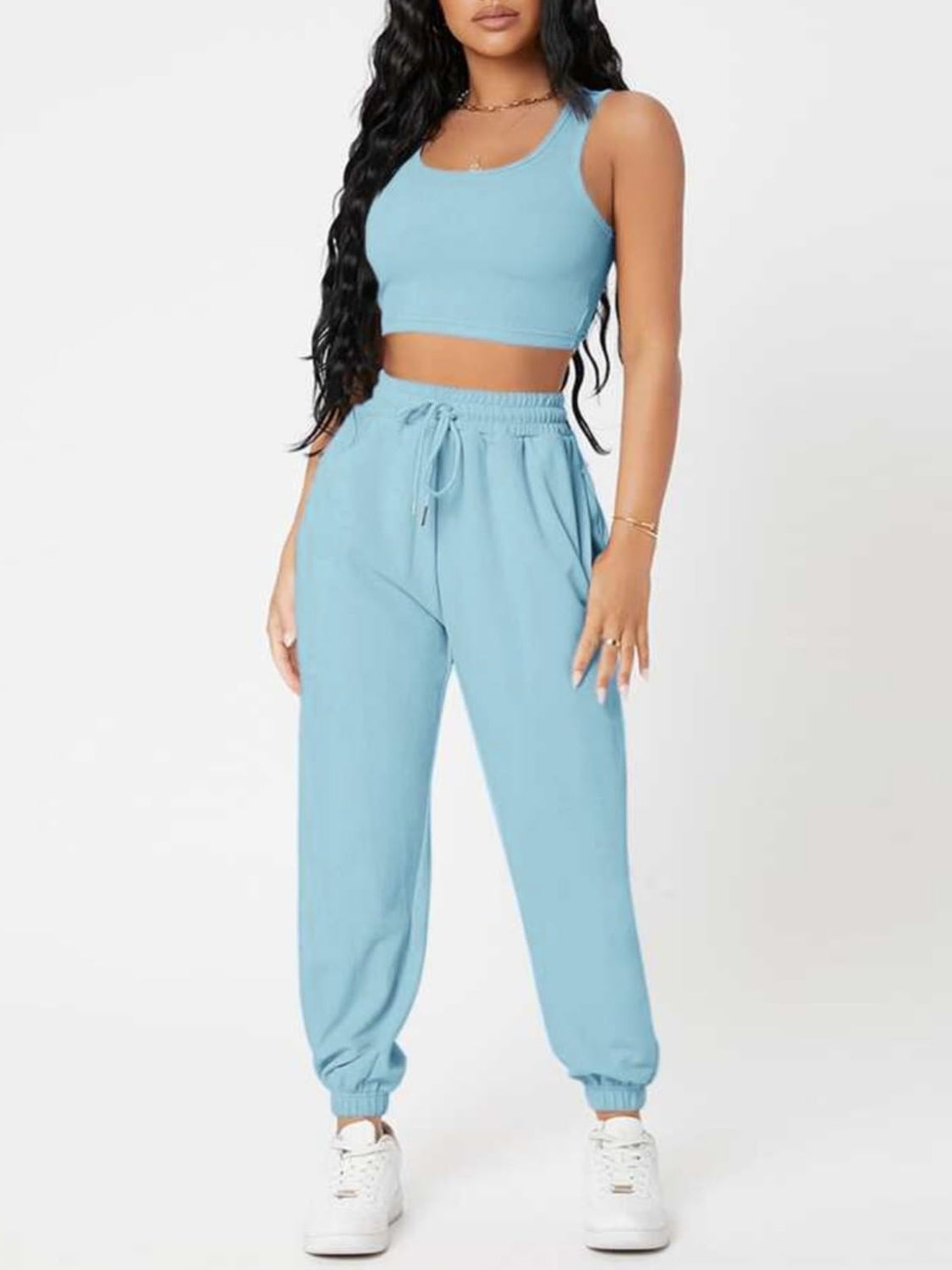 Wide Strap Top and Drawstring Joggers Set -  Pressitngo