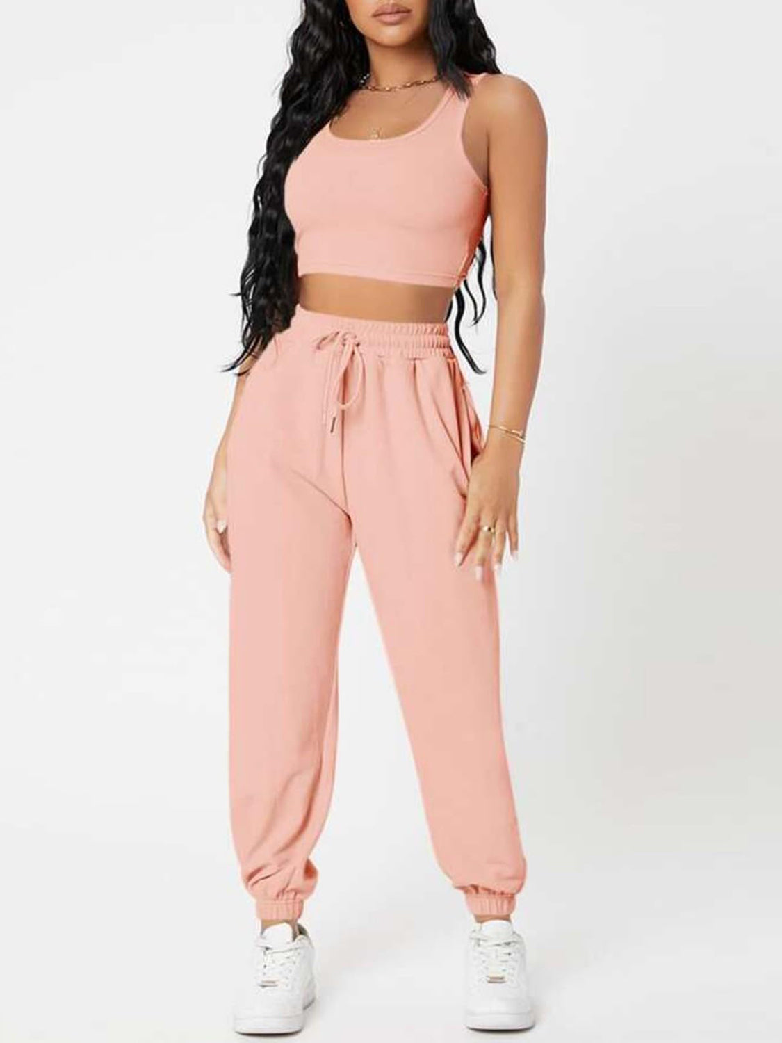 Wide Strap Top and Drawstring Joggers Set -  Pressitngo