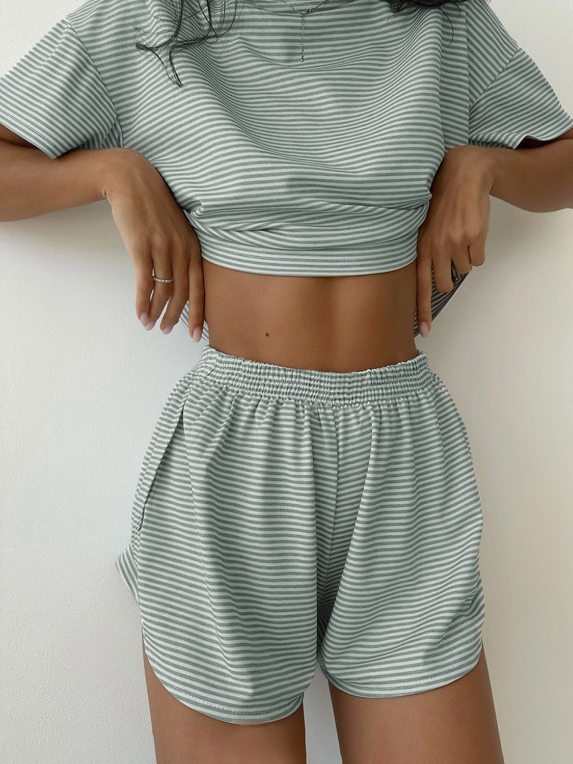 Striped Round Neck Top and Shorts Set -  Pressitngo