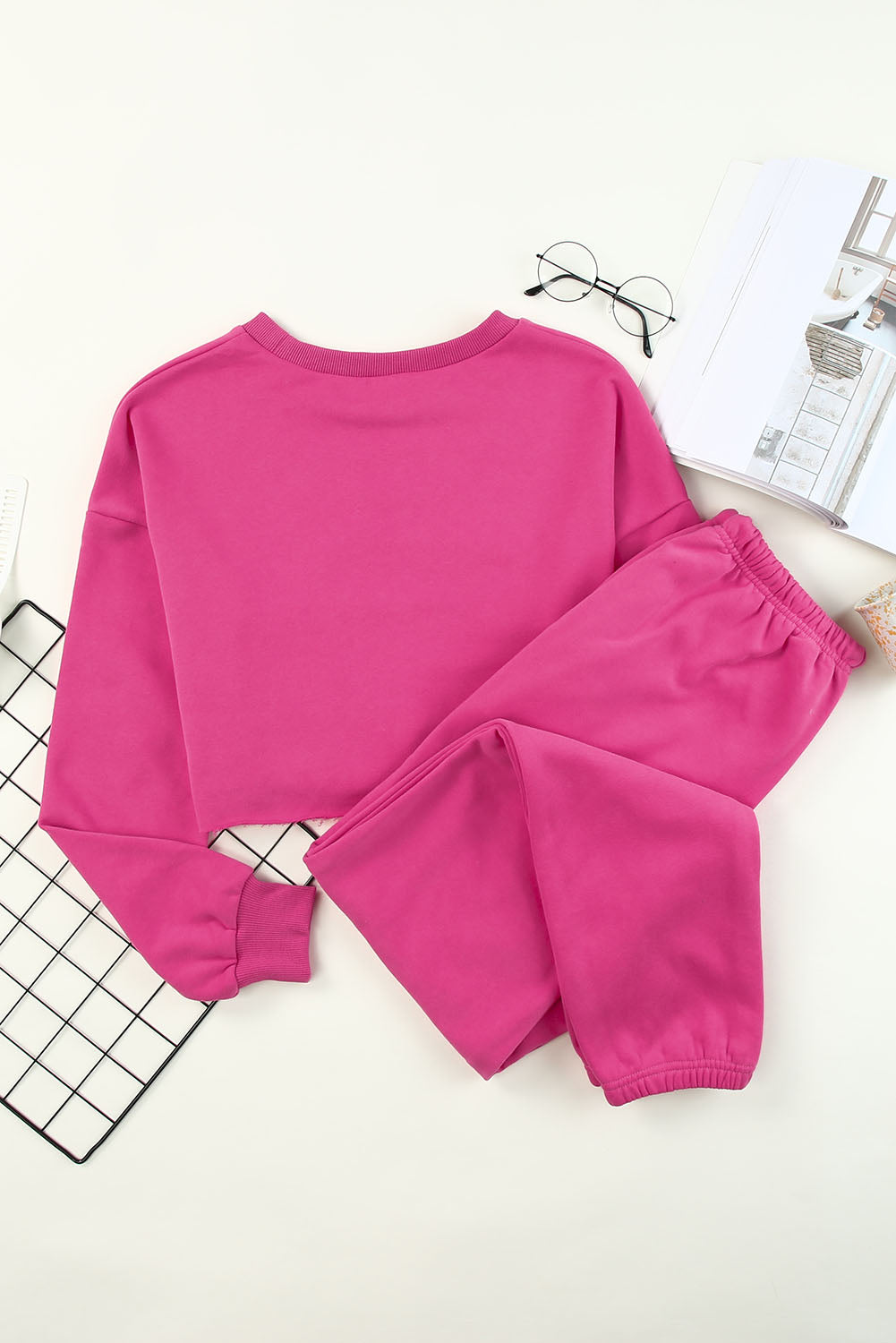 Round Neck Long Sleeve Cropped Top and Pants Set -  Pressitngo