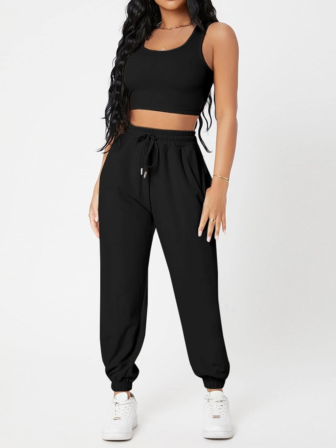 Wide Strap Top and Drawstring Joggers Set -  Pressitngo