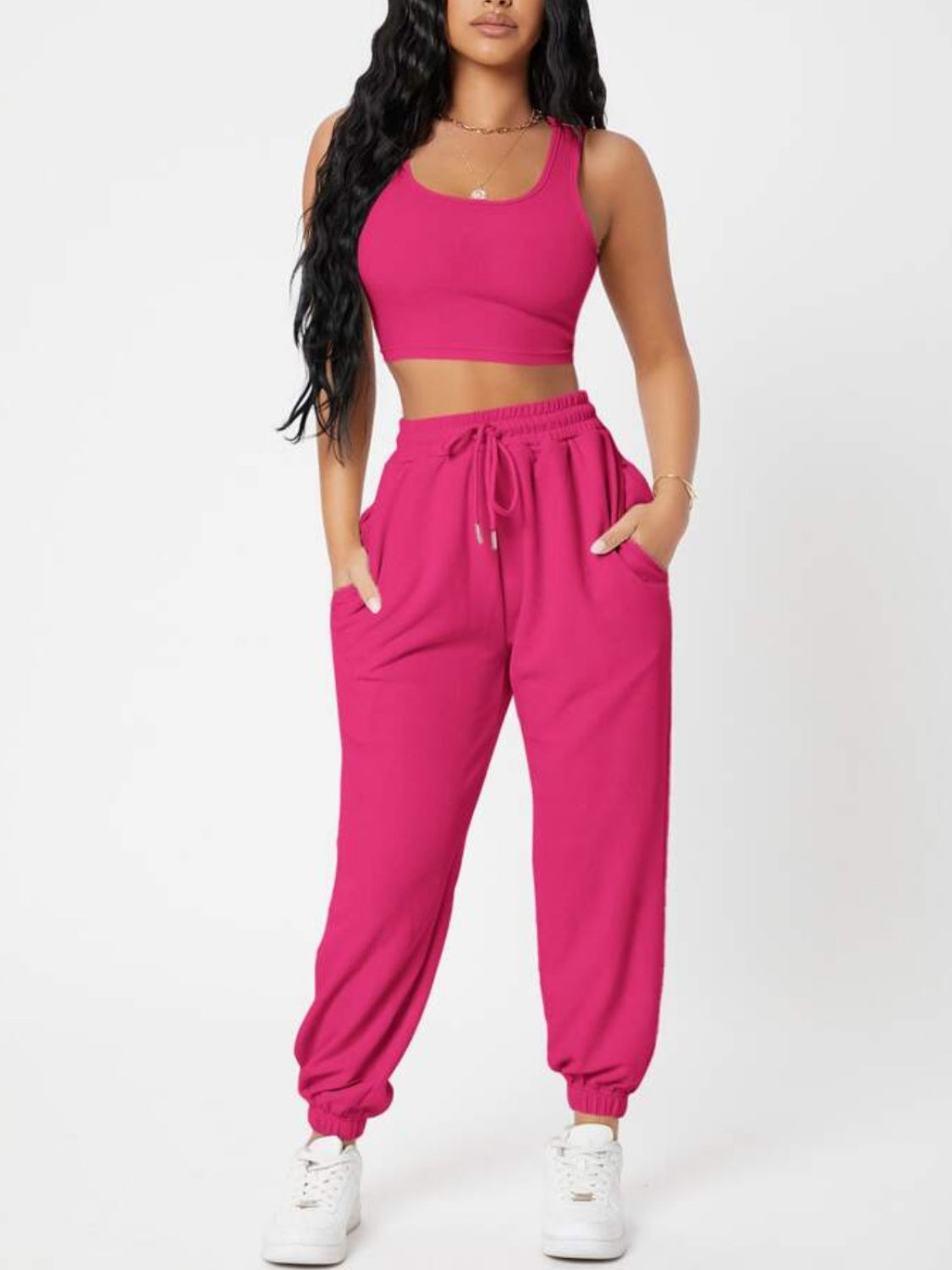 Wide Strap Top and Drawstring Joggers Set -  Pressitngo