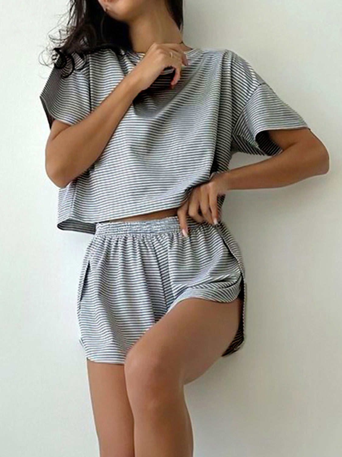 Striped Round Neck Top and Shorts Set -  Pressitngo