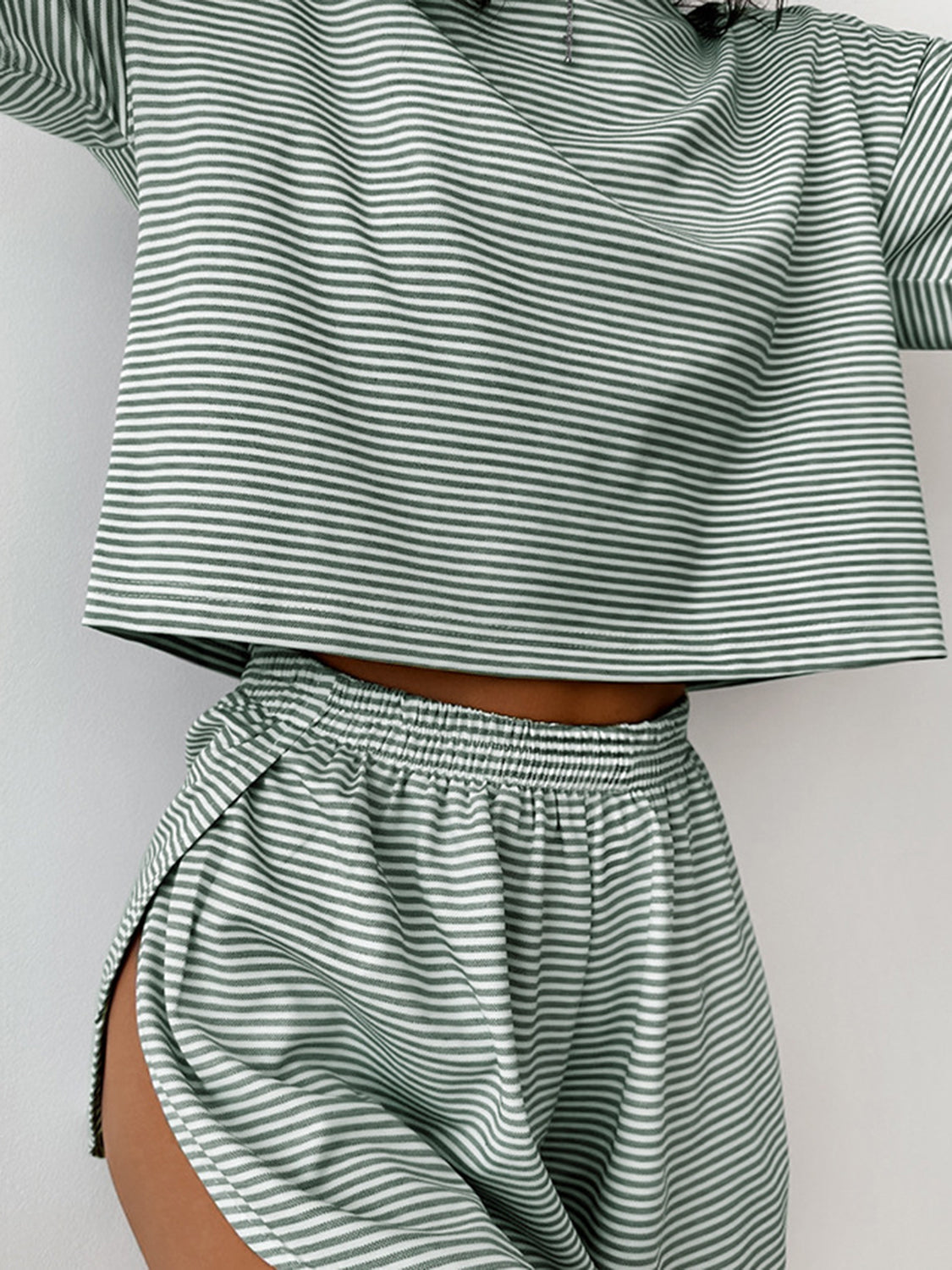 Striped Round Neck Top and Shorts Set -  Pressitngo