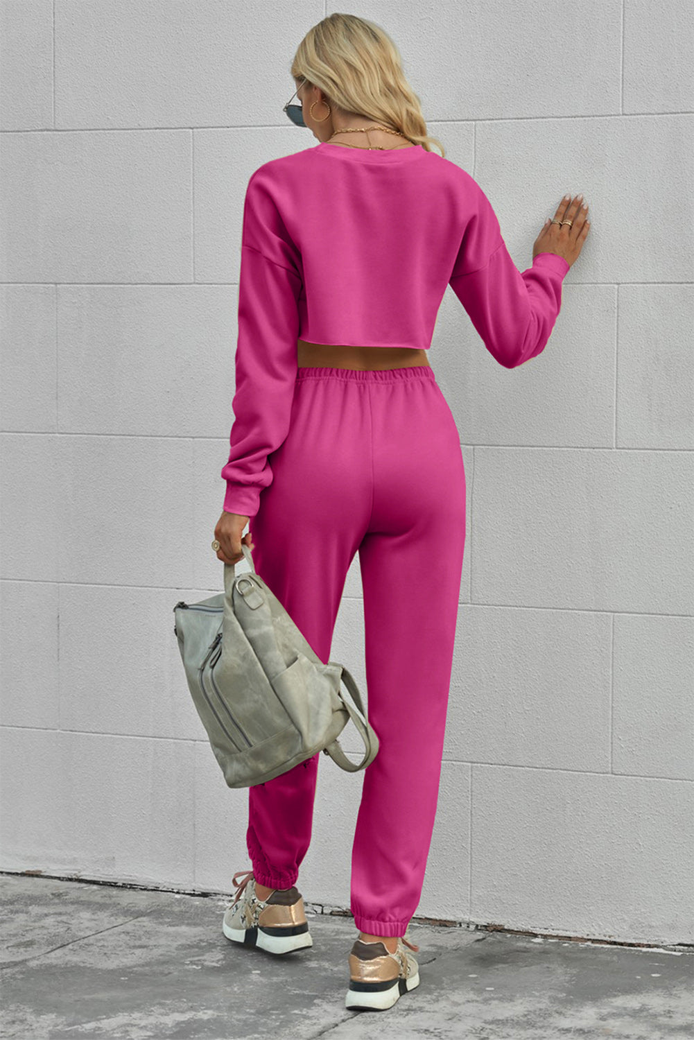 Round Neck Long Sleeve Cropped Top and Pants Set -  Pressitngo