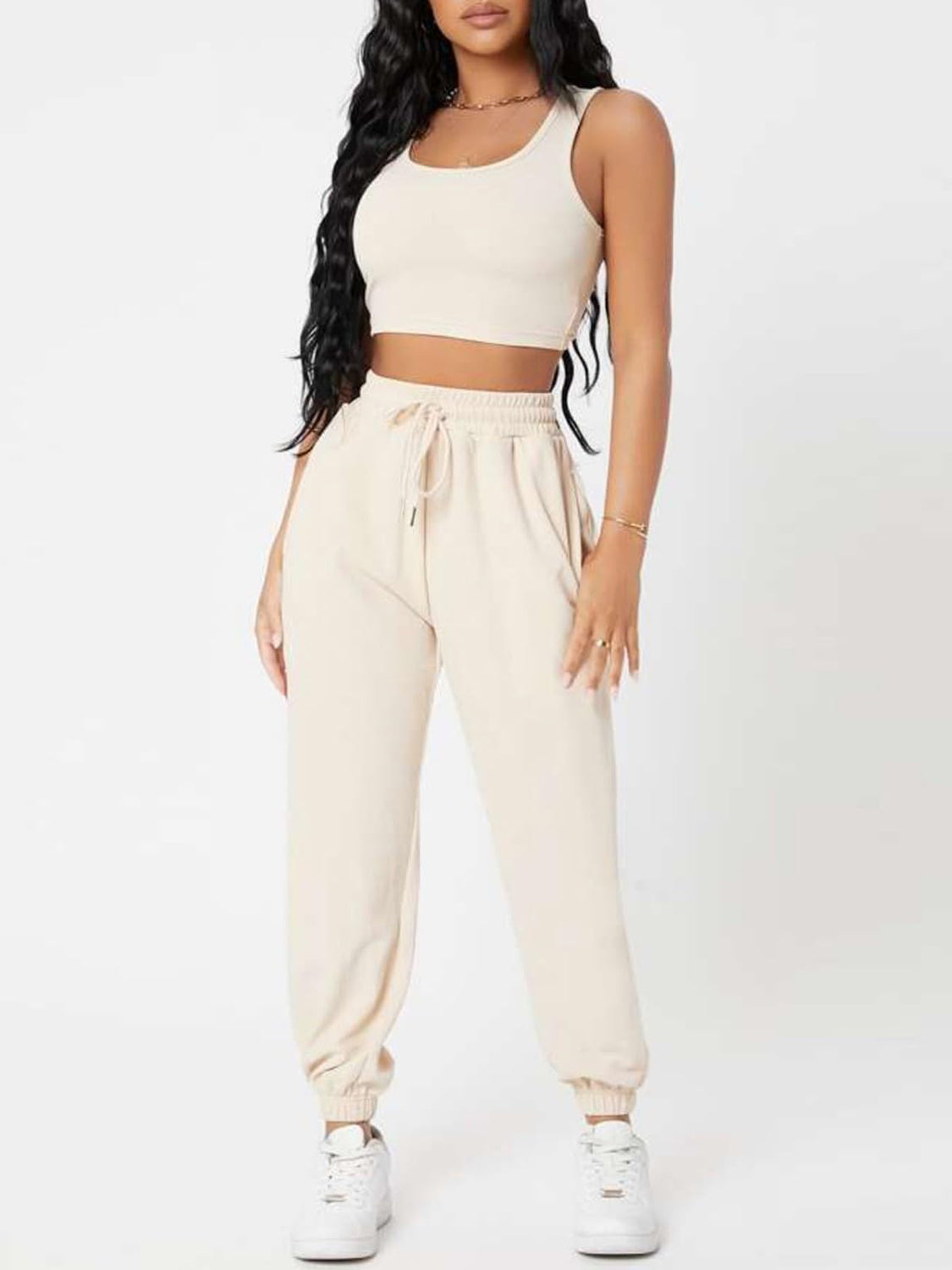 Wide Strap Top and Drawstring Joggers Set -  Pressitngo