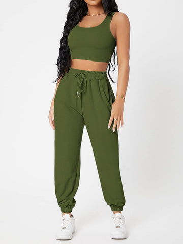 Wide Strap Top and Drawstring Joggers Set -  Pressitngo