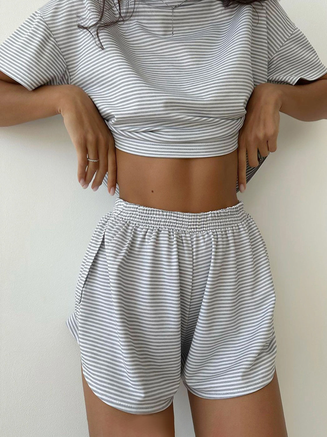 Striped Round Neck Top and Shorts Set -  Pressitngo