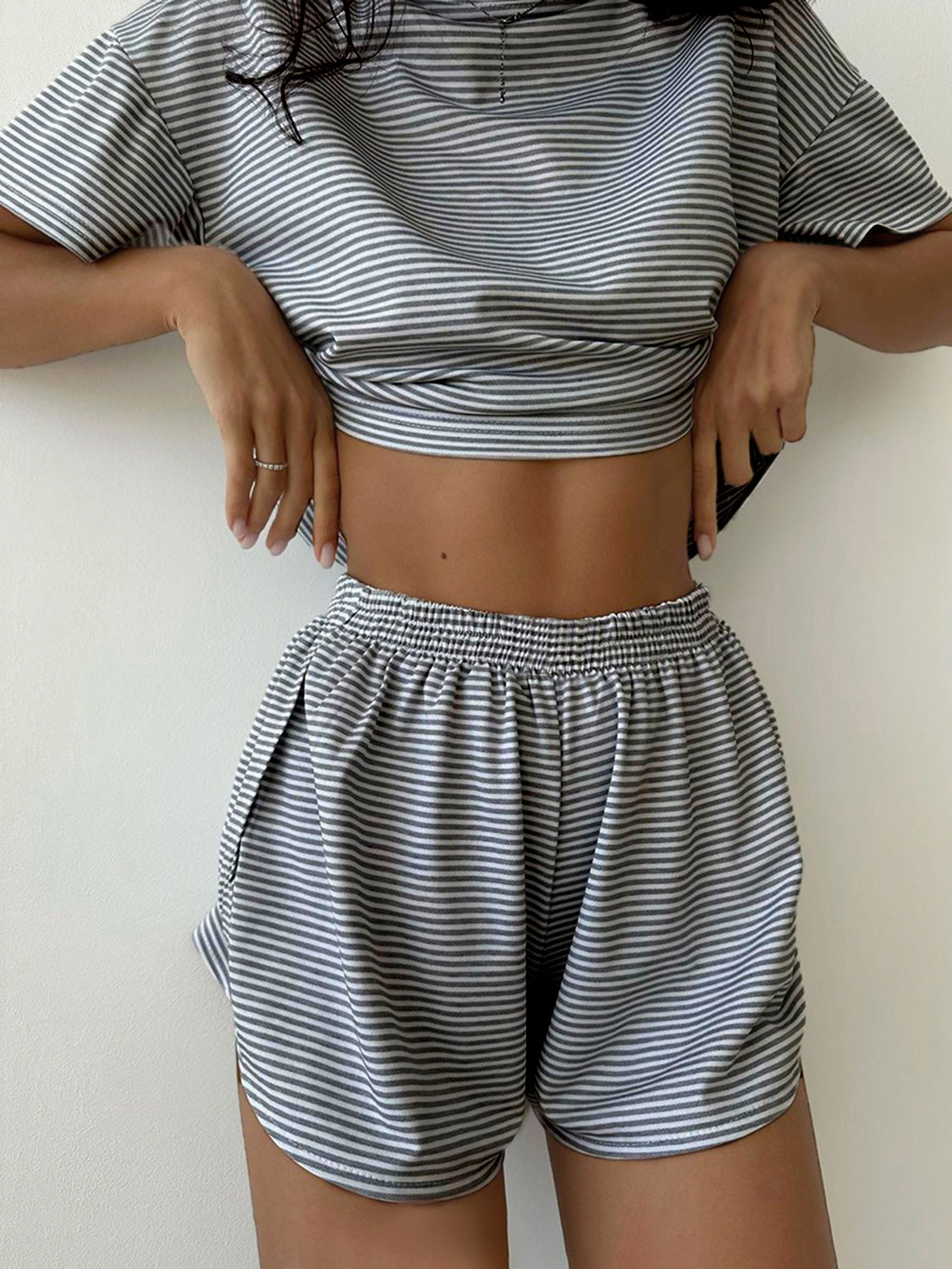 Striped Round Neck Top and Shorts Set -  Pressitngo