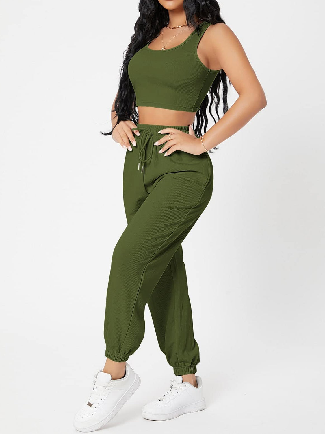 Wide Strap Top and Drawstring Joggers Set -  Pressitngo