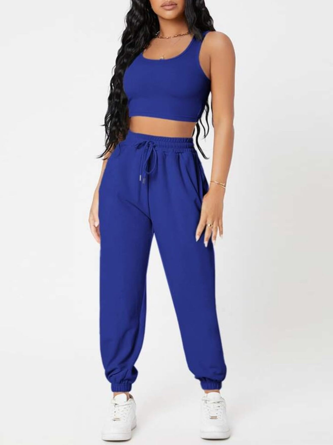 Wide Strap Top and Drawstring Joggers Set -  Pressitngo