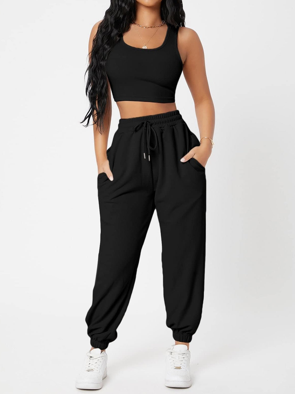 Wide Strap Top and Drawstring Joggers Set -  Pressitngo