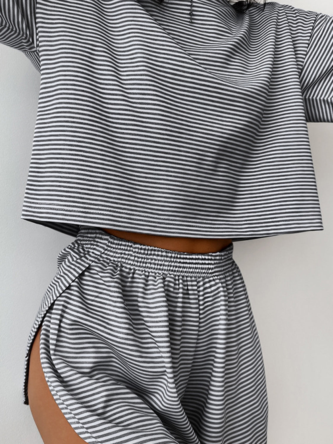 Striped Round Neck Top and Shorts Set -  Pressitngo